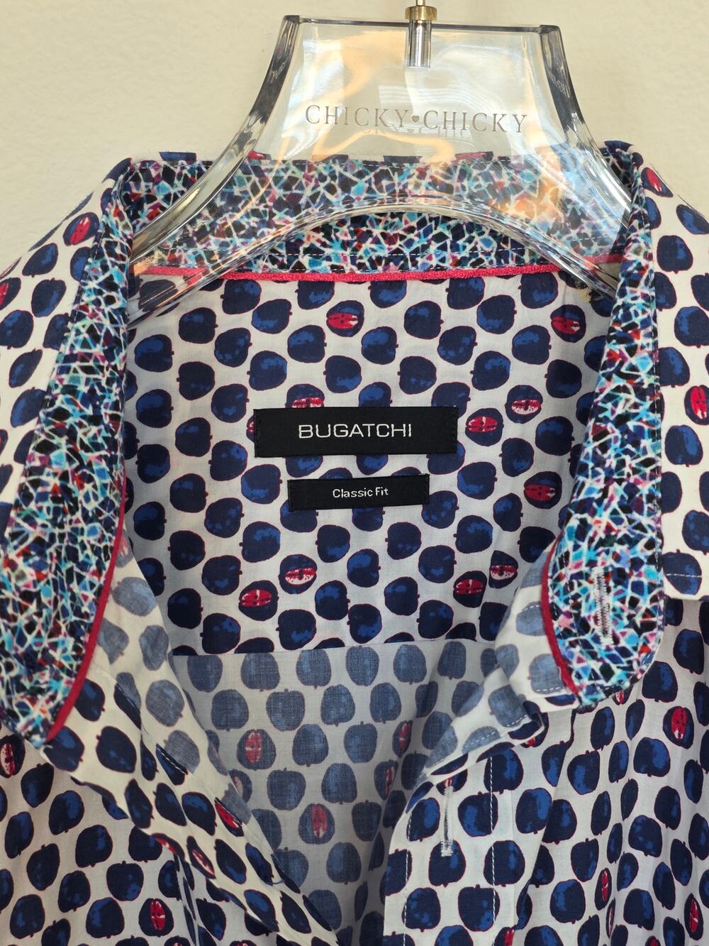 Bugatchi Classic Fit LS Button Up Shirt Blue Red Dot Print Contrast Cuffs